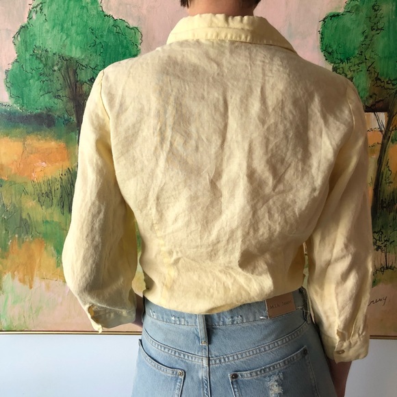 VINTAGE 90s Yellow Linen Flower Button Down Small - Picture 3 of 8